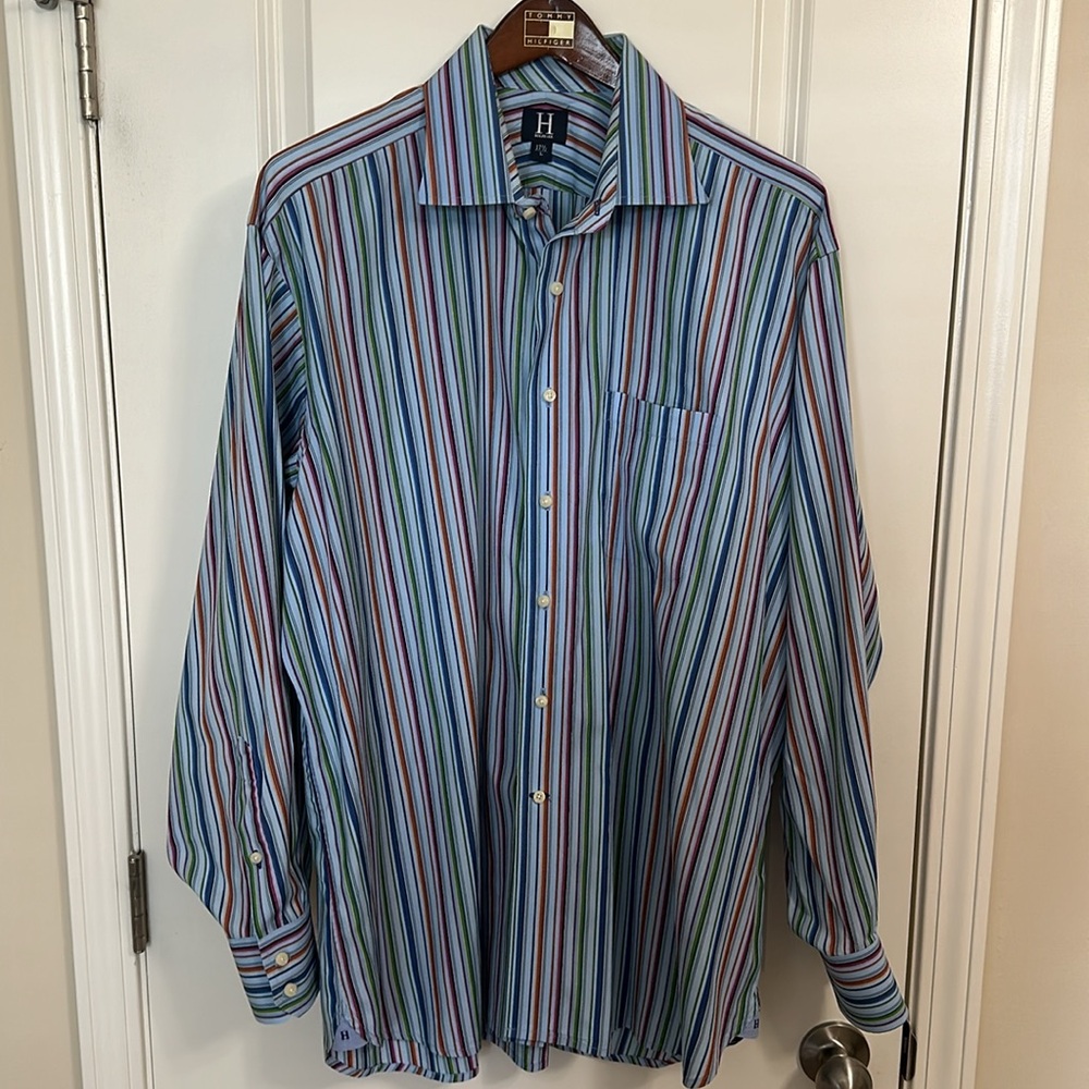 Tommy Hilfiger “H” Multi Color Stripe Relaxed fit casual shirt Sz L 17 1/2 neck
